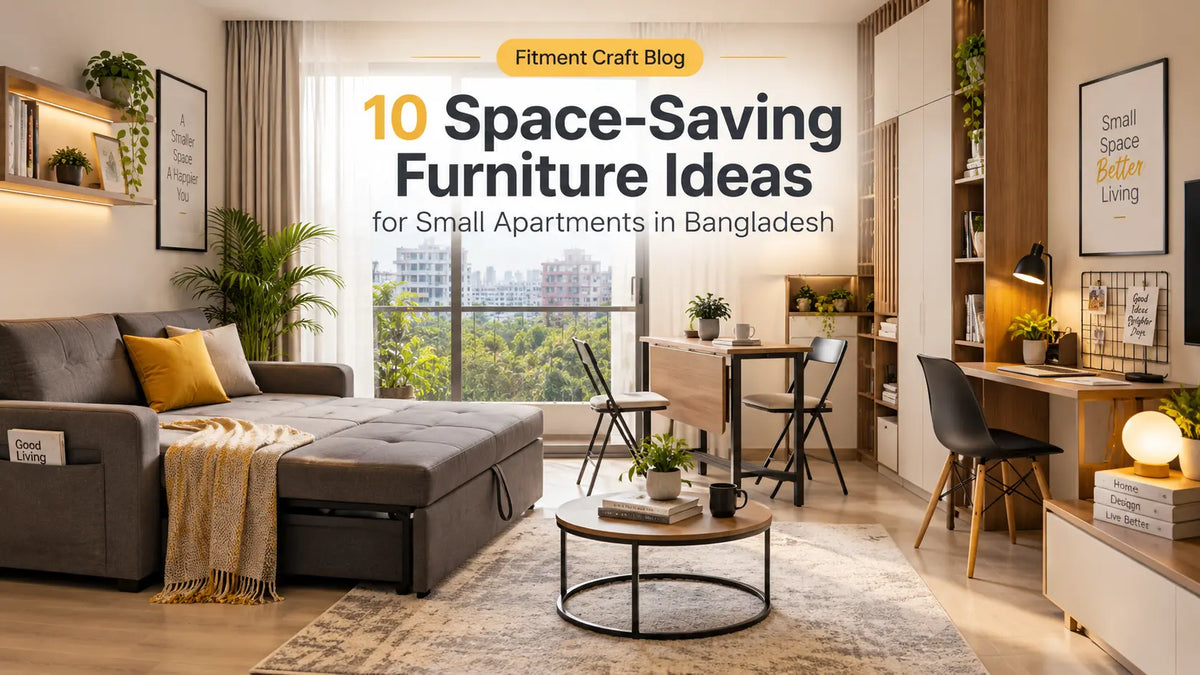 Fitment Craft blog cover showing a space-saving small apartment with sofa bed, compact dining table, study desk and smart storage