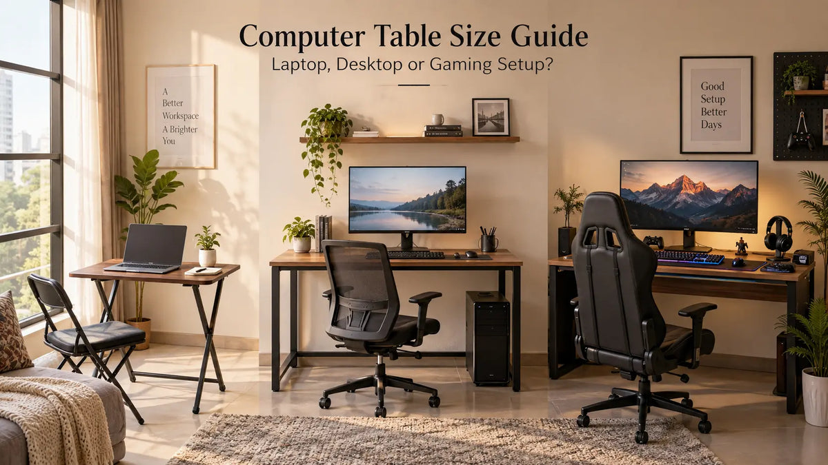 Computer table size guide comparing laptop, desktop and gaming desk setups in a modern Bangladesh home