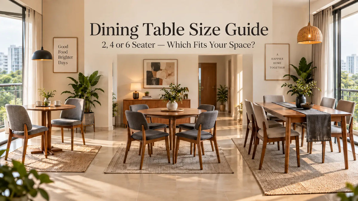 Dining table size guide comparing 2, 4 and 6 seater dining setups for Bangladesh homes