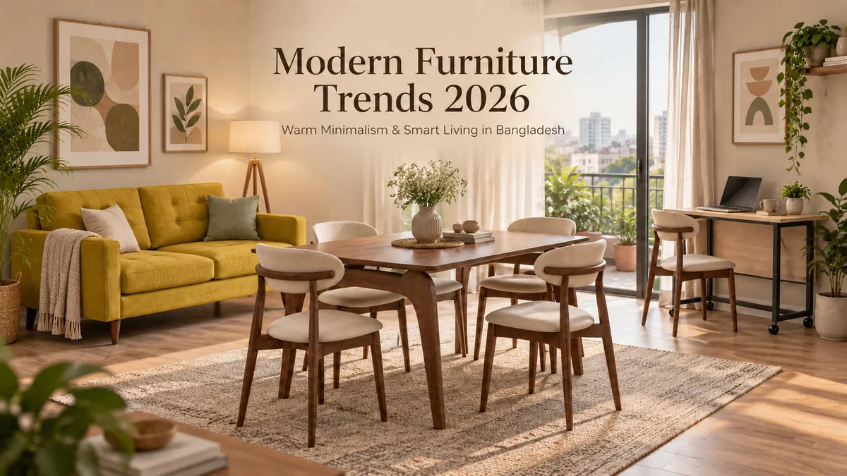 Modern furniture trends 2026 with warm minimalist sofa, curved dining chair and multifunctional furniture in a Bangladesh apartment
