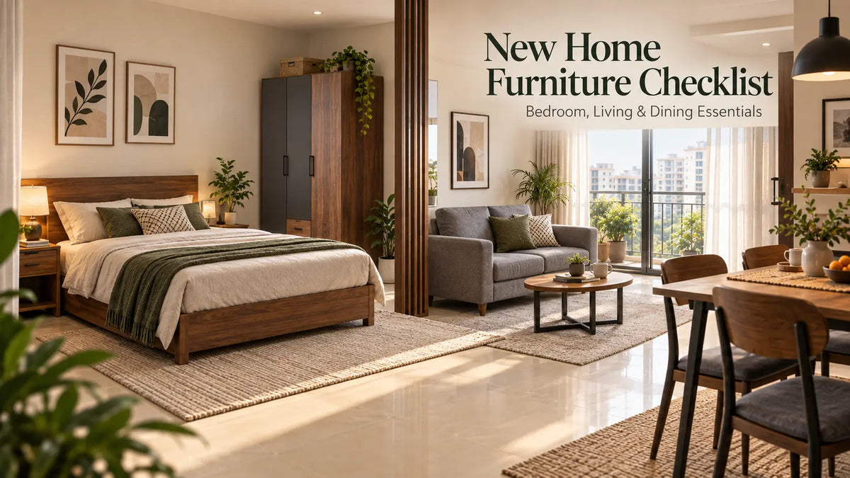 New home furniture checklist showing bed, wardrobe, sofa and dining table in a modern Bangladesh apartment