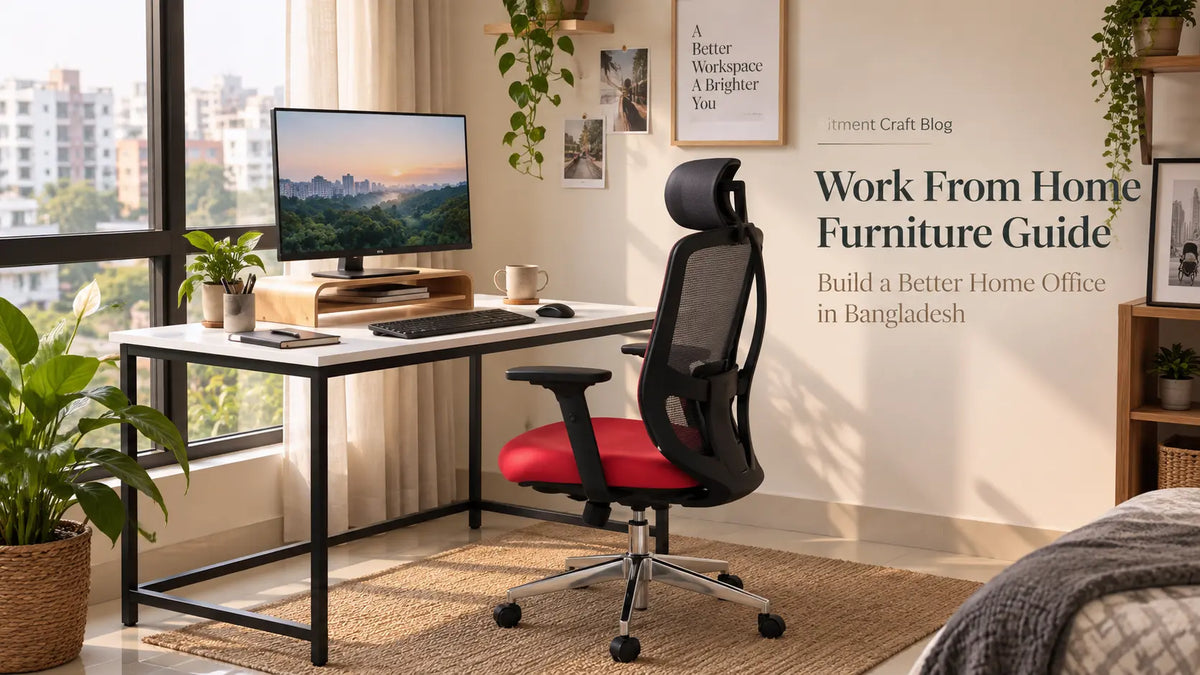 Work-from-home furniture setup with computer table, office chair and monitor stand in a modern Bangladesh home office