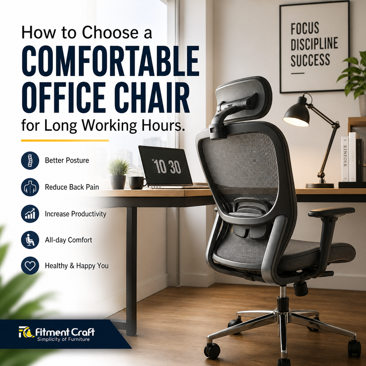 Comfortable ergonomic office chair in a modern workspace for long working hours, better posture, back support, and productivity.