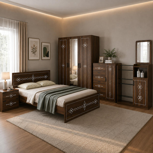 Oriole Bedroom Series by FitmentCraft featuring elegant bed, wardrobe, dressing table & modern wooden storage.