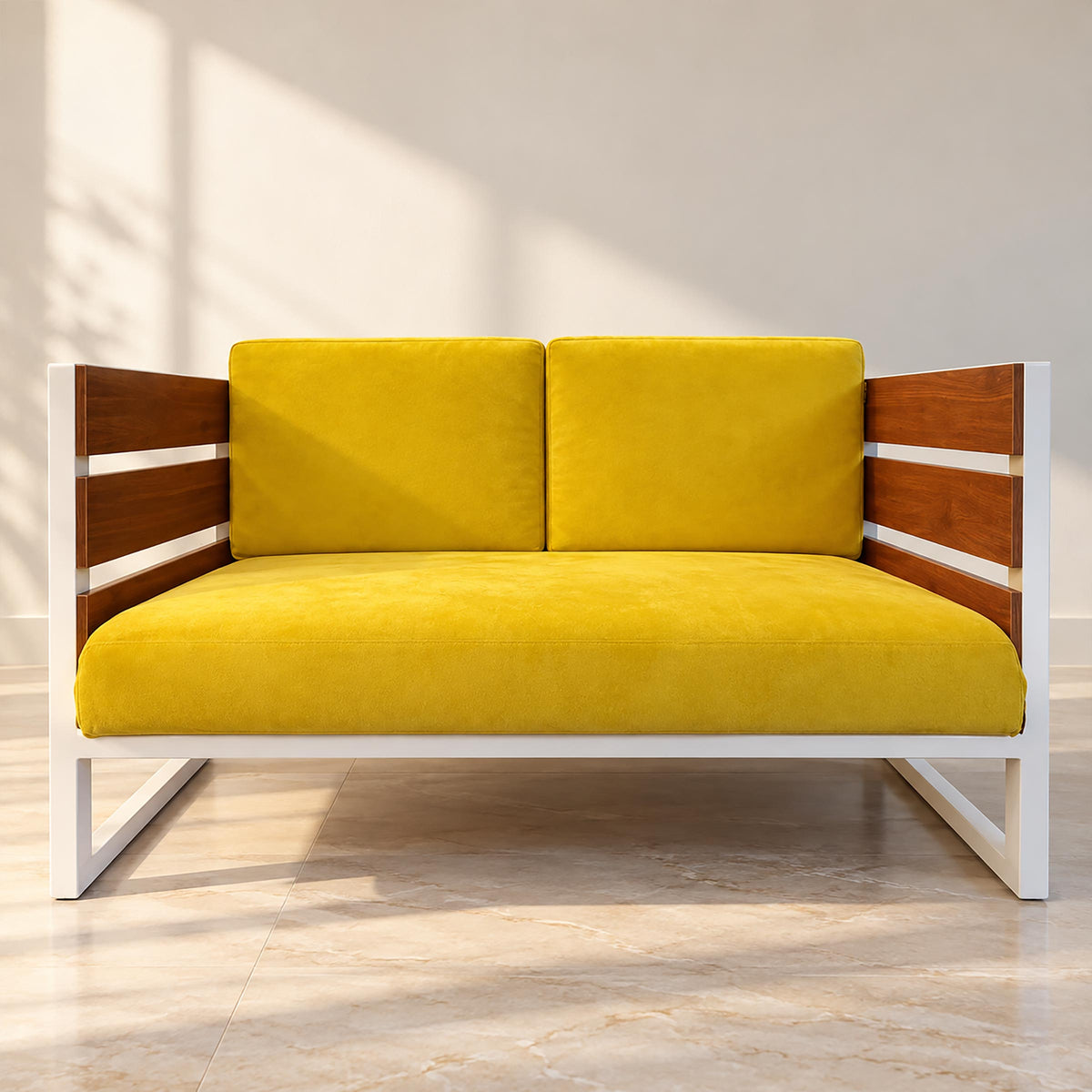 Cozy sofa with yellow cushions and white frame, front view