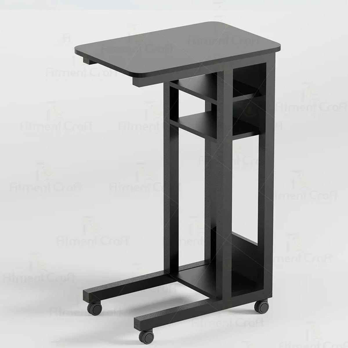 Black overbed table with wheels, wide top and built-in side storage shelves