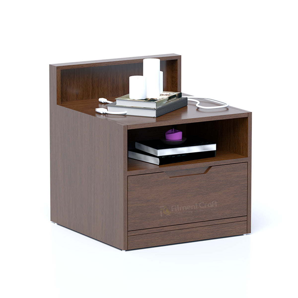 Modern dark wood bedside cabinet with raised back shelf, open compartment and lower storage drawer