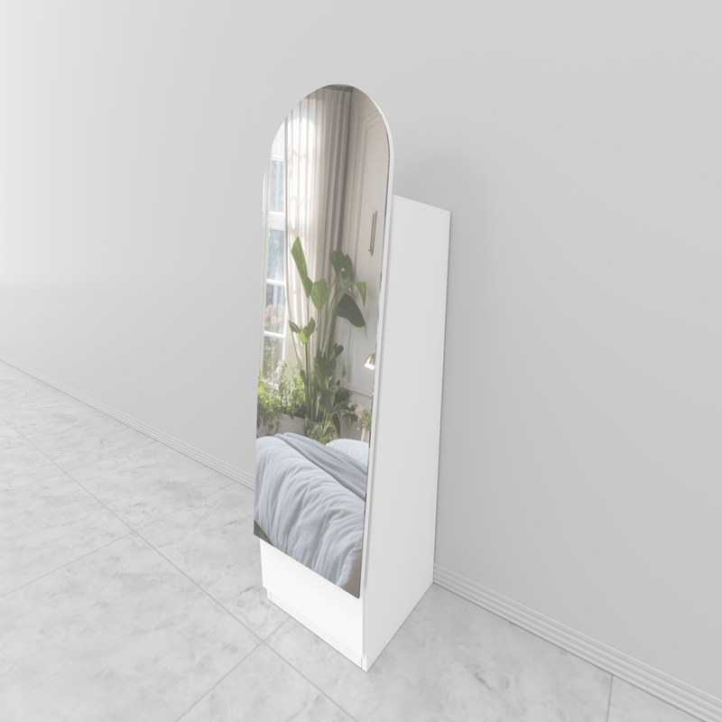 Modern dressing table with full-length mirror, white finish and wooden drawer