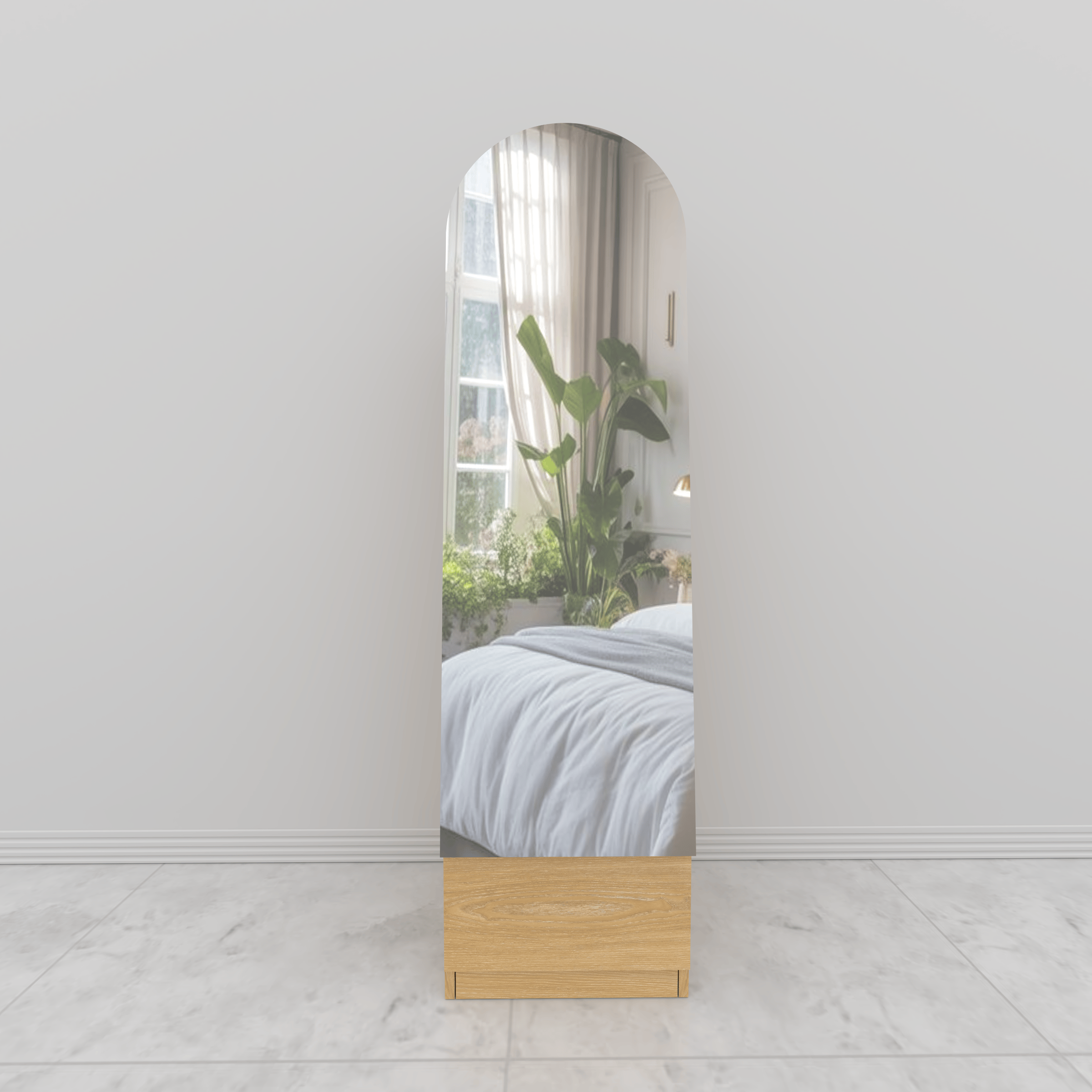 Contemporary makeup vanity with tall mirror and white laminated board finish