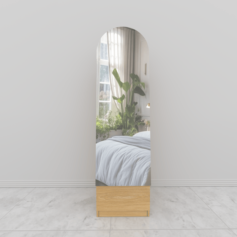Contemporary makeup vanity with tall mirror and white laminated board finish