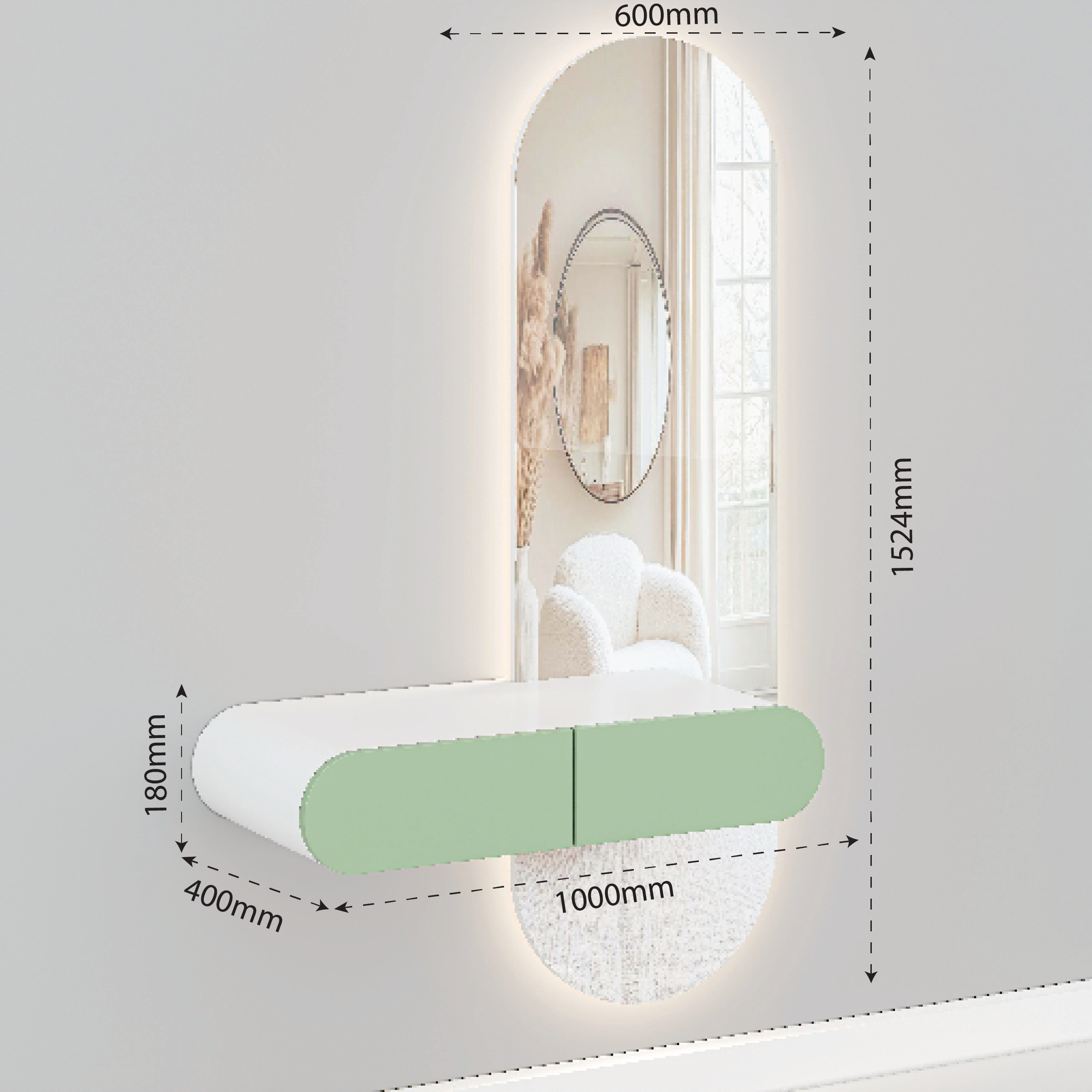 Kieru Dressing Table - Green dimensions diagram