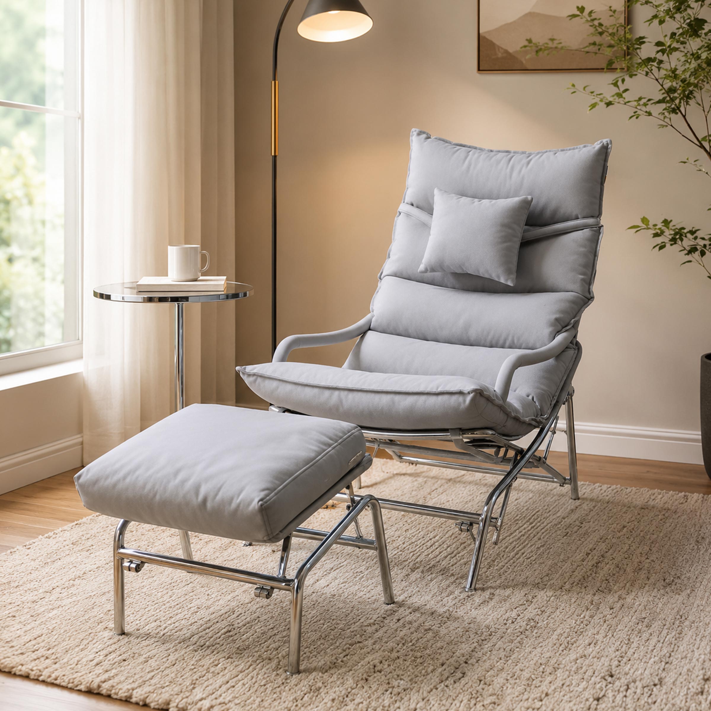 Relaxo grey recliner chair with footrest, soft padded lounge seating for living room, bedroom, and reading corner use BD