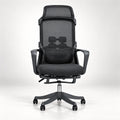 A high-back ergonomic office chair with a black mesh back, padded seat, adjustable armrests, and a five-star wheeled base, shown against a light gray studio background.