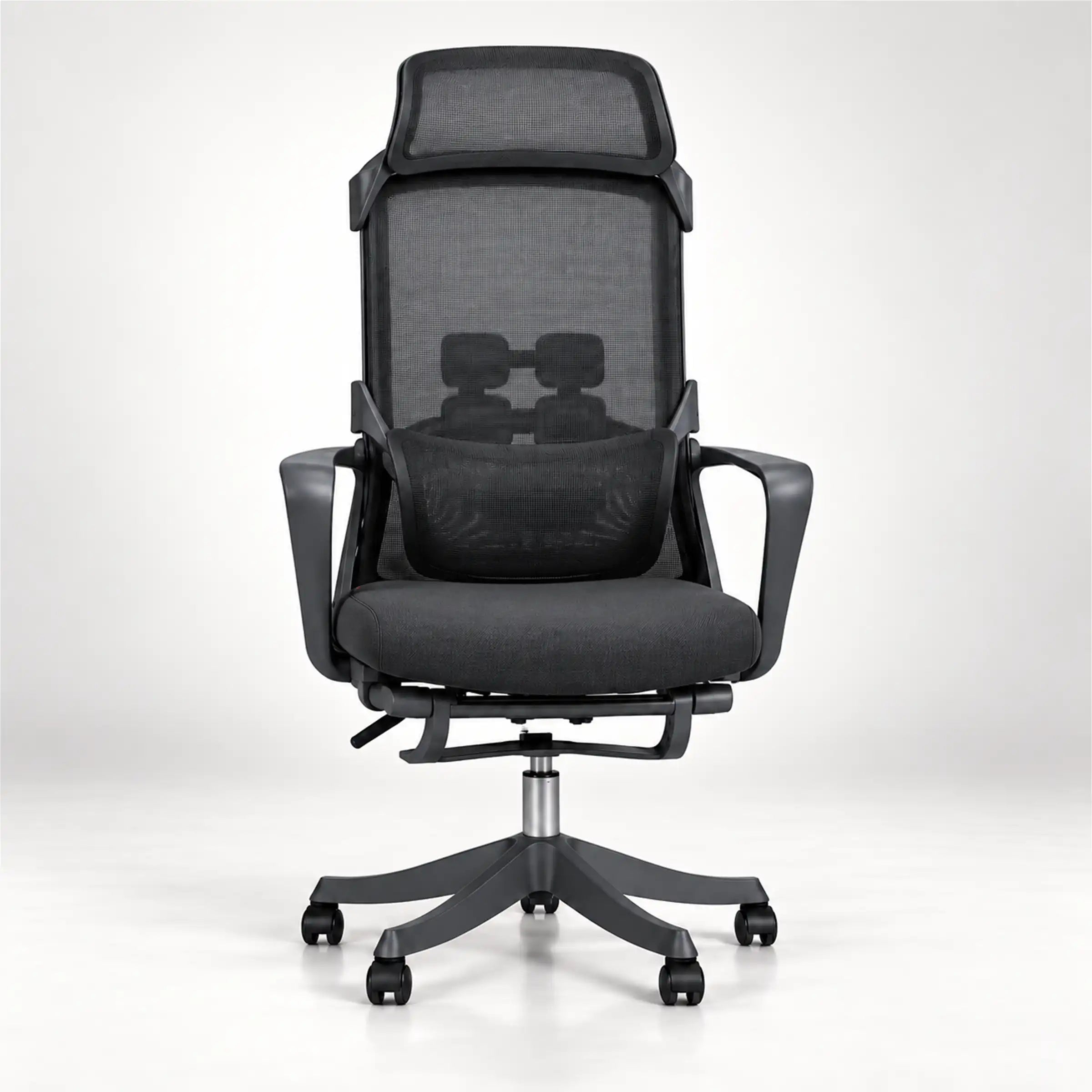 A high-back ergonomic office chair with a black mesh back, padded seat, adjustable armrests, and a five-star wheeled base, shown against a light gray studio background.