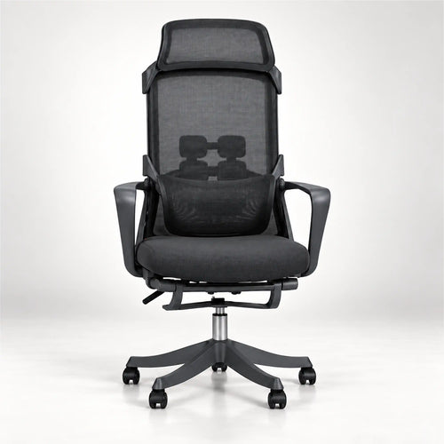 A high-back ergonomic office chair with a black mesh back, padded seat, adjustable armrests, and a five-star wheeled base, shown against a light gray studio background.