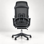 A modern black mesh office chair with a high back, ergonomic armrests, and a five-star wheeled base, shown from the front against a light gray studio background.