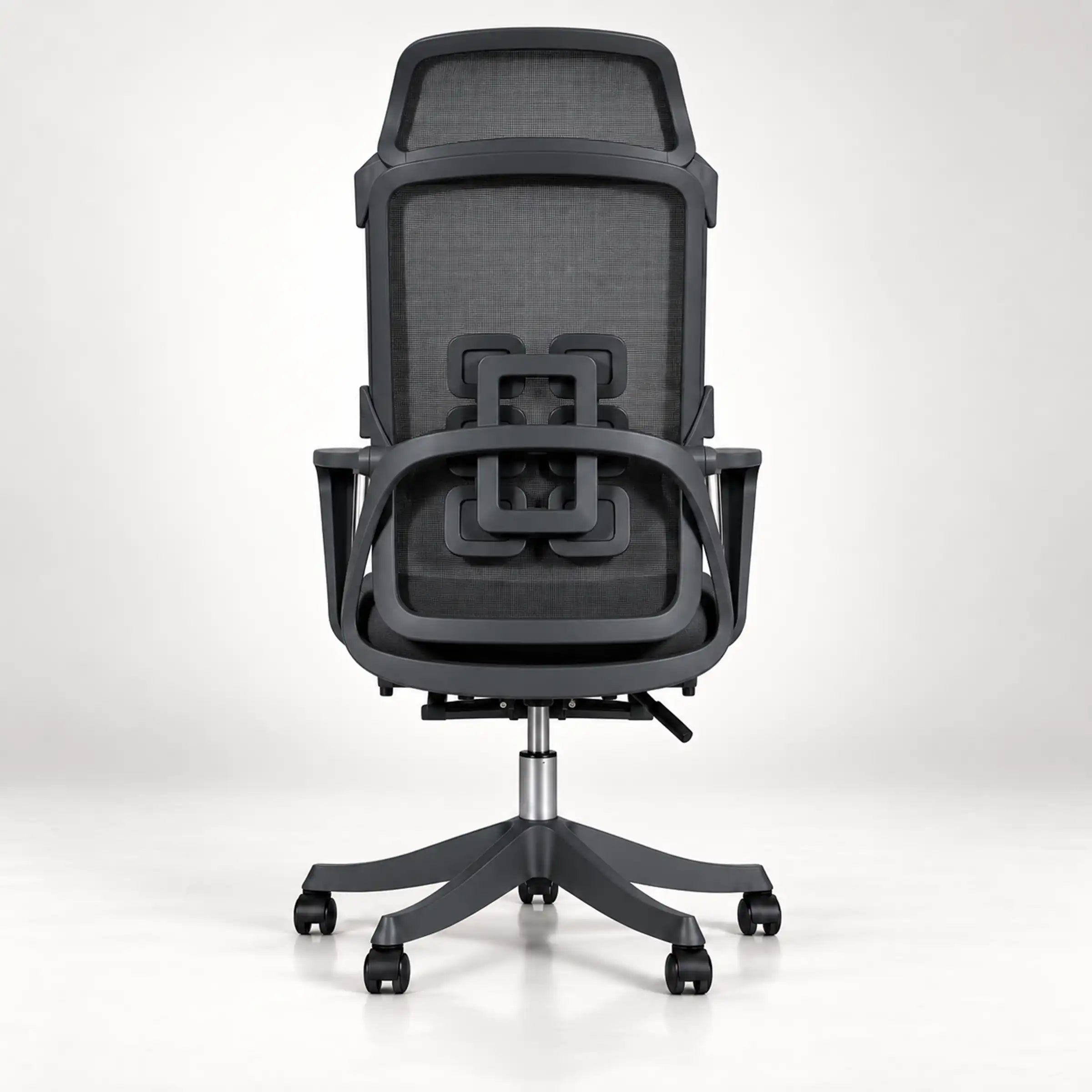 A modern black mesh office chair with a high back, ergonomic armrests, and a five-star wheeled base, shown from the front against a light gray studio background.