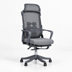 A gray ergonomic office chair with a high mesh back, adjustable armrests, a padded seat, and a five-star wheeled base, shown on a light gray studio background.