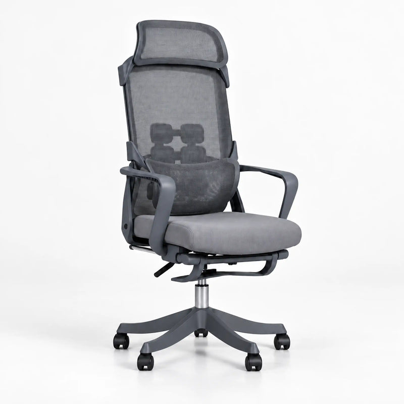 A gray ergonomic office chair with a high mesh back, adjustable armrests, a padded seat, and a five-star wheeled base, shown on a light gray studio background.