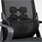 Close-up of a black mesh office chair showing the backrest, lumbar support cushion, armrests, and seat fabric against a light gray background.