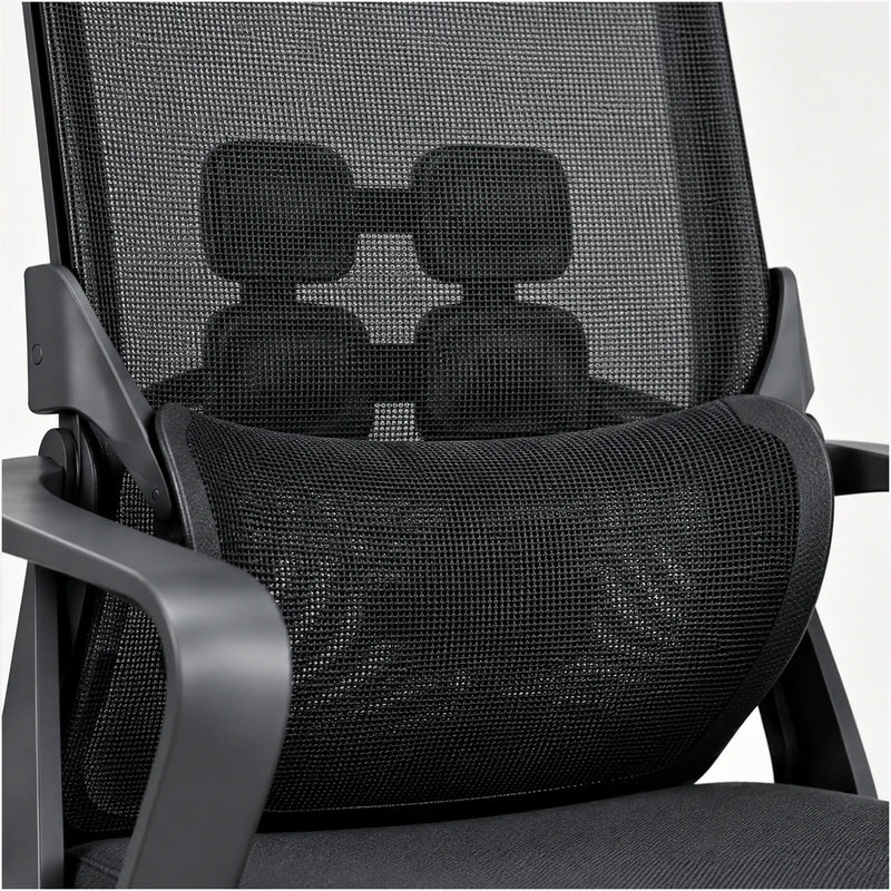 Close-up of a black mesh office chair showing the backrest, lumbar support cushion, armrests, and seat fabric against a light gray background.