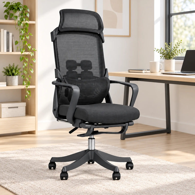 A black mesh ergonomic office chair with a headrest, lumbar support, and five-wheel casters, positioned in a bright, modern home office next to a wooden desk.