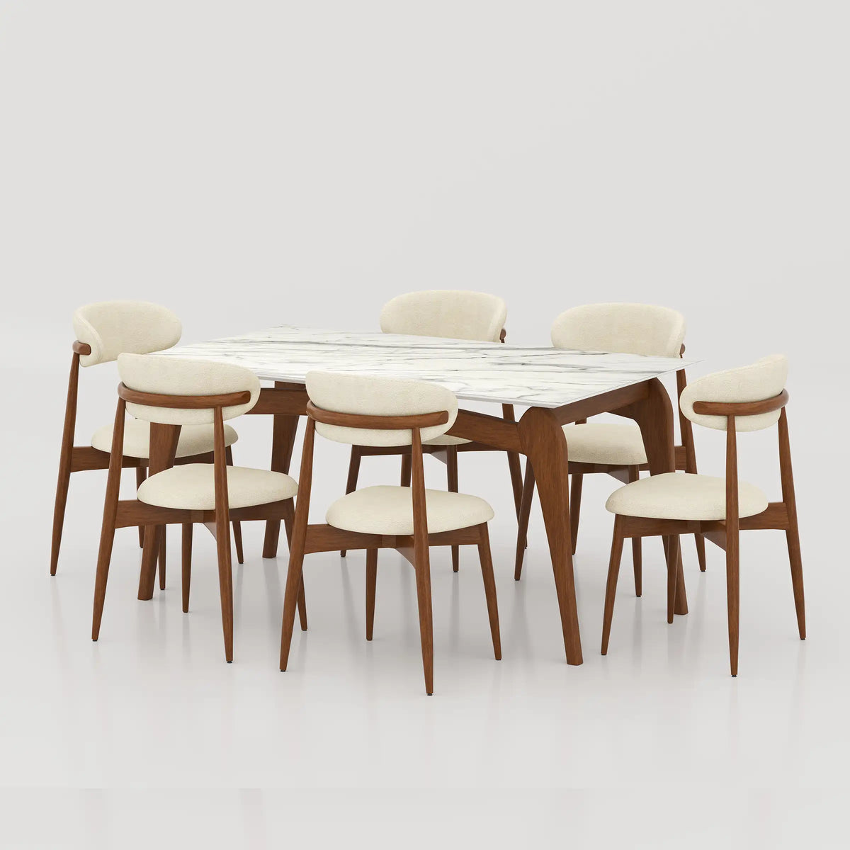 Aira dining table with a white veined top, shown with six cream upholstered chairs