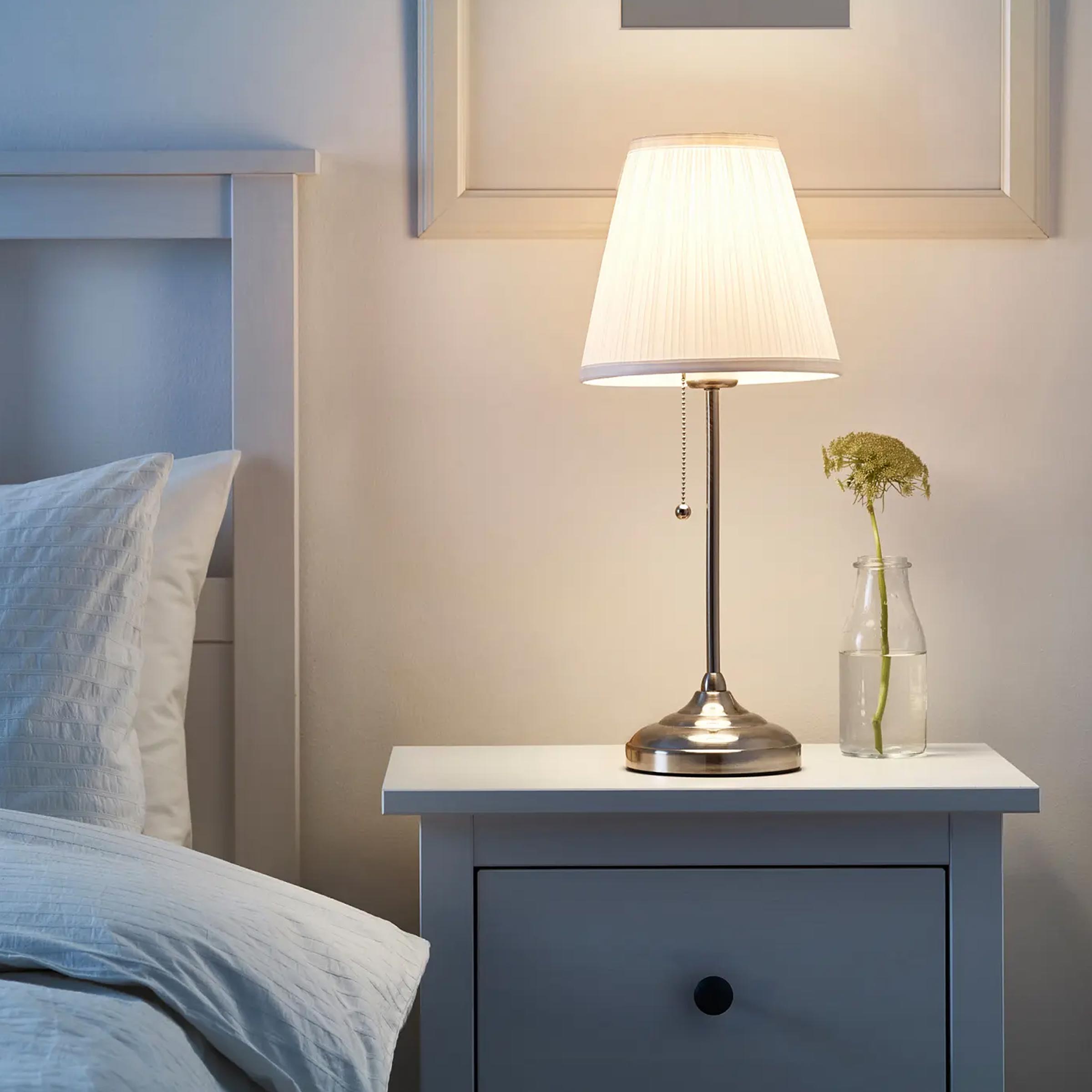Arstid Table Lamp with textile shade for soft diffused light in bedroom, living room, and bedside spaces in BD today now