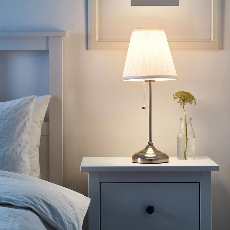 Arstid Table Lamp with textile shade for soft diffused light in bedroom, living room, and bedside spaces in BD today now