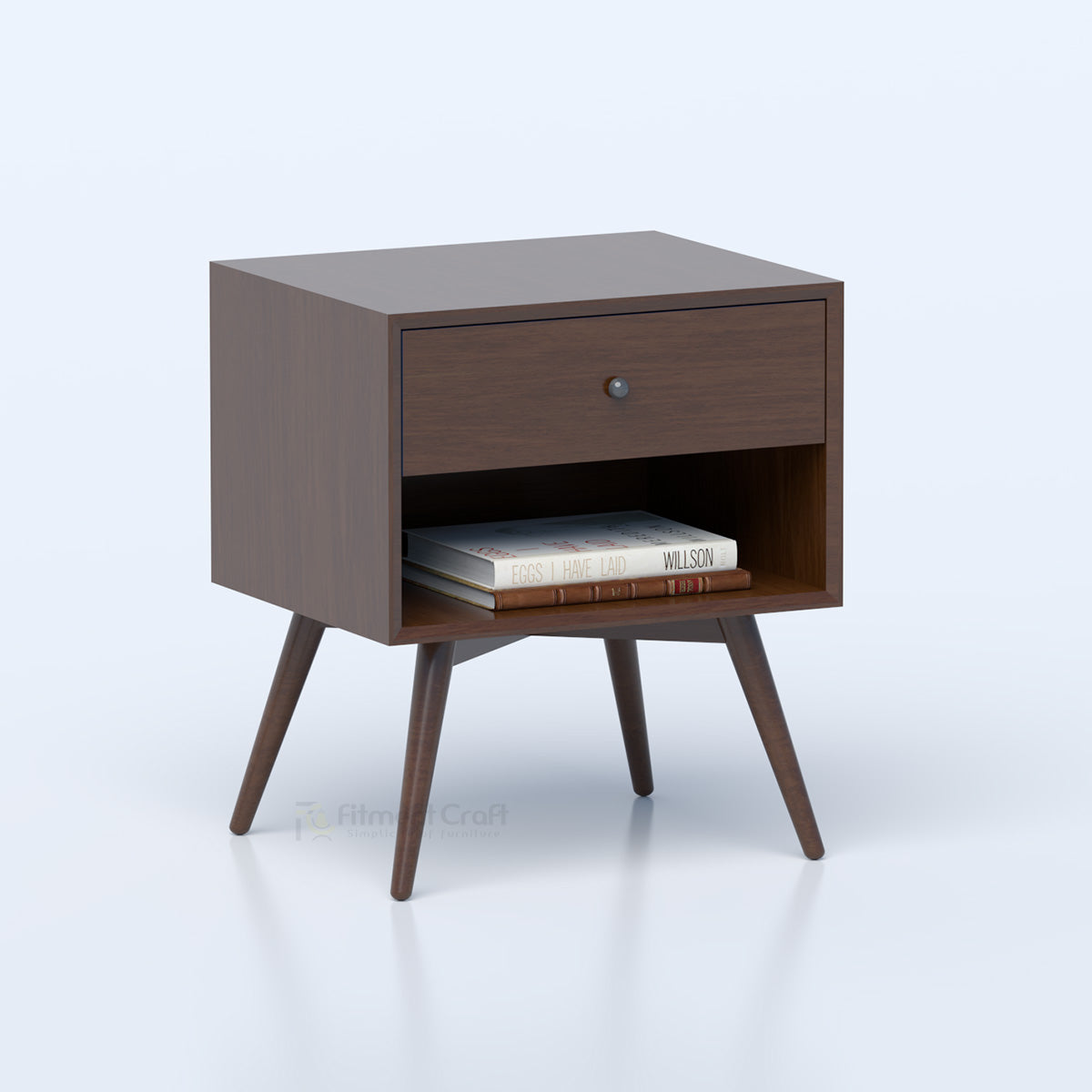 Dark wood bedside table with one storage drawer, open lower shelf and tapered wooden legs