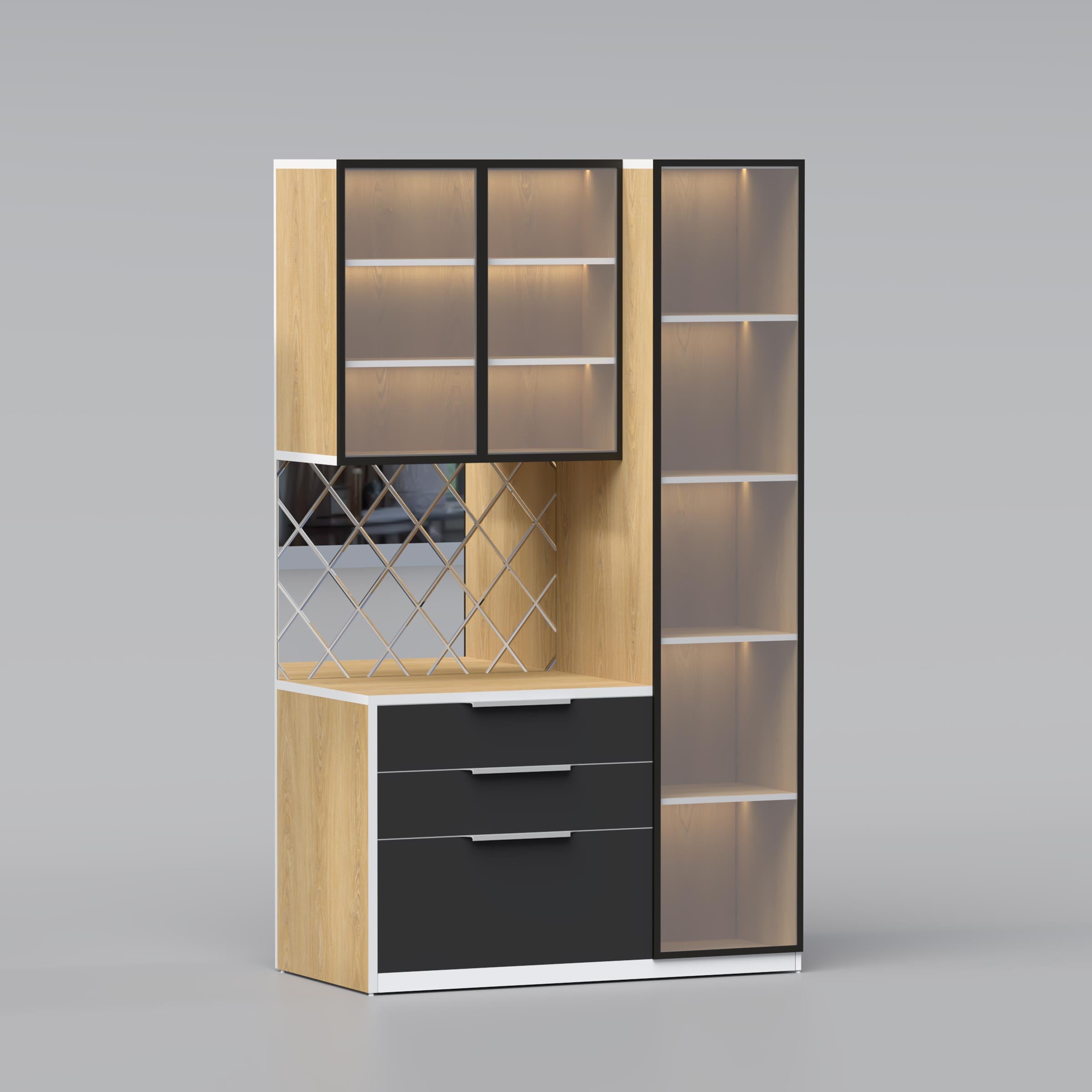 Organize your kitchen efficiently with the Blynx Dinner Wagon, a modern Dinner Wagon with glass display, drawers, and shelves for smart storage