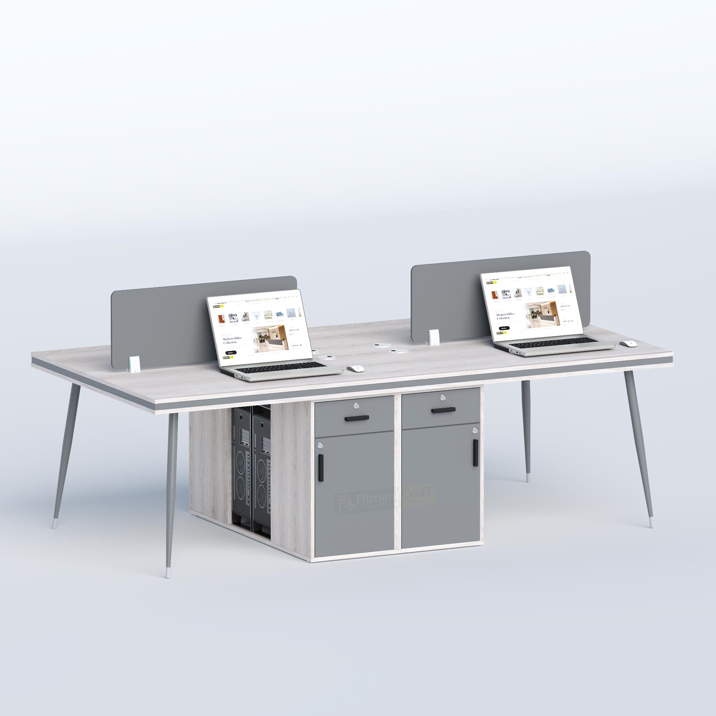 Cluster Face-to-Face Four Seater (Middle Organizer) Workstation for collaborative teams, offering shared desk space, built-in storage, privacy partitions, and ergonomic office seating.
