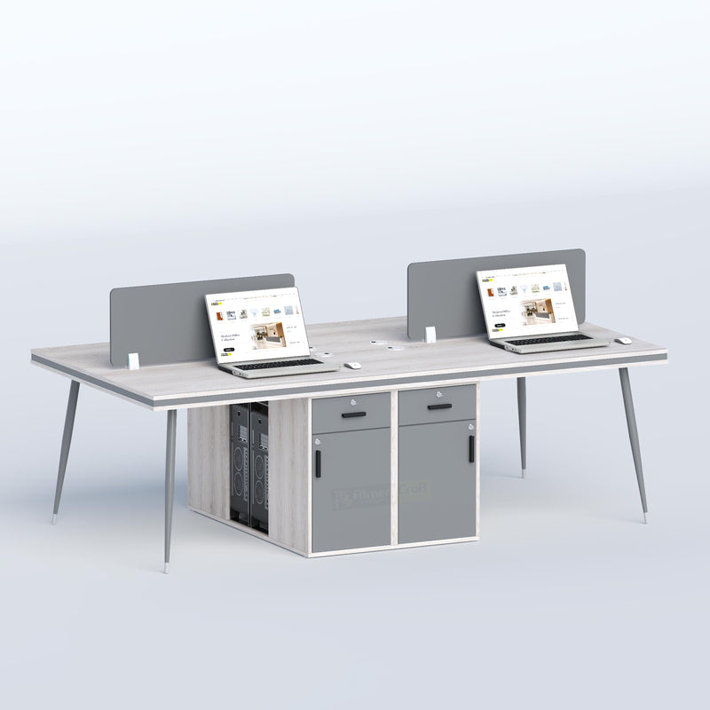Cluster Face-to-Face Four Seater (Middle Organizer) Workstation for collaborative teams, offering shared desk space, built-in storage, privacy partitions, and ergonomic office seating.