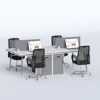 Modern Cluster Face-to-Face Four Seater (Middle Organizer) Workstation featuring four workstations, central organizer cabinets, divider screens, and a space-efficient office layout.