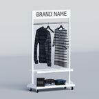 Compact boutique display stand with garment hanging space, laminated shelves and caster wheels for flexible layouts.