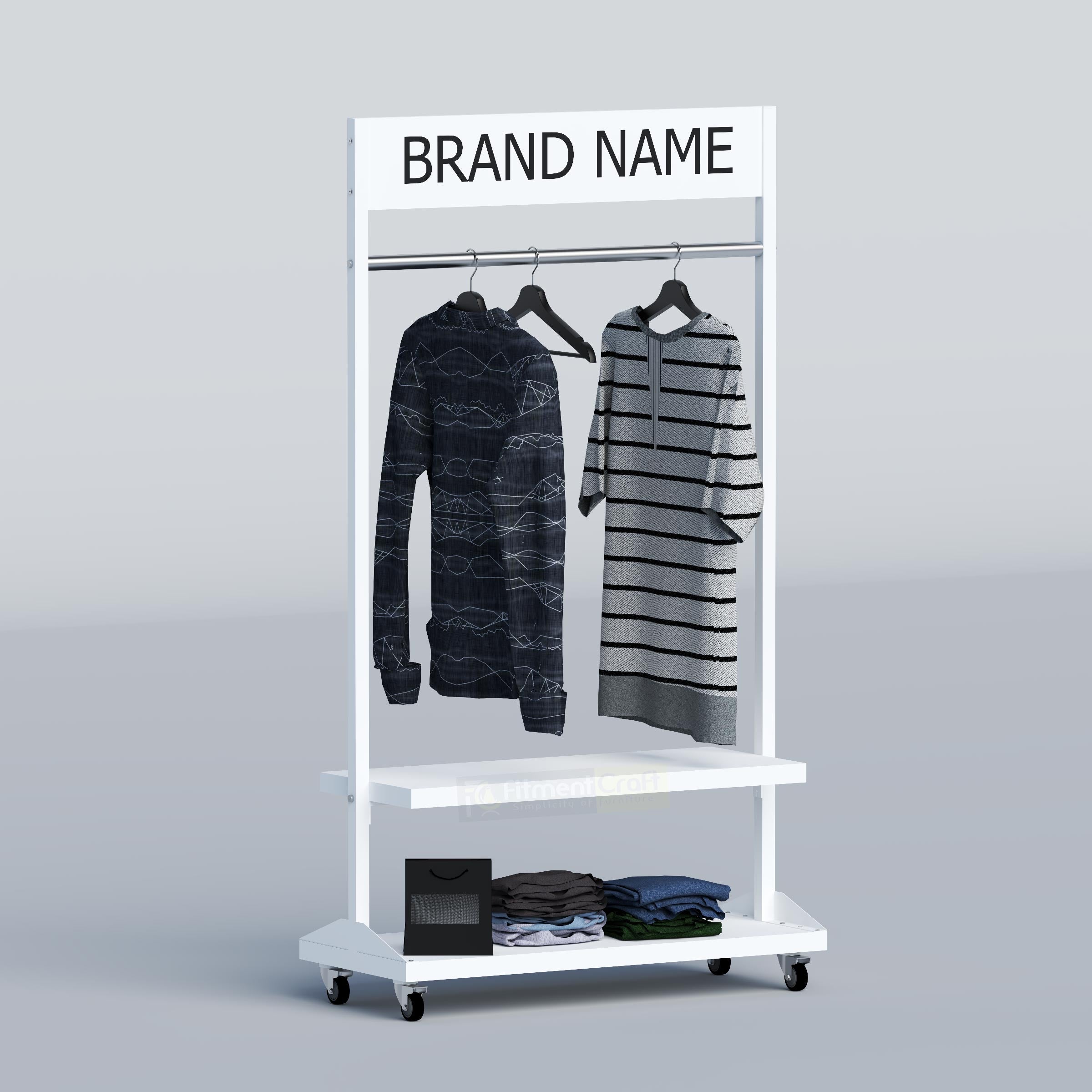 Compact boutique display stand with garment hanging space, laminated shelves and caster wheels for flexible layouts.