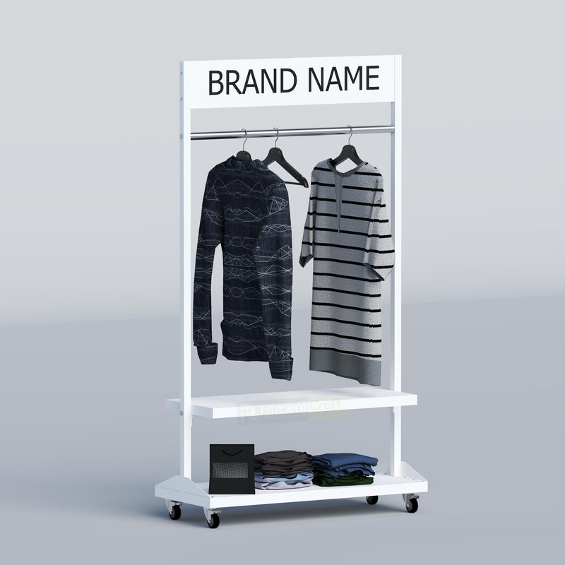Compact boutique display stand with garment hanging space, laminated shelves and caster wheels for flexible layouts.