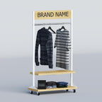 Custom retail display rack with logo header, clothing rail and lower shelves for fashion showrooms in Bangladesh.