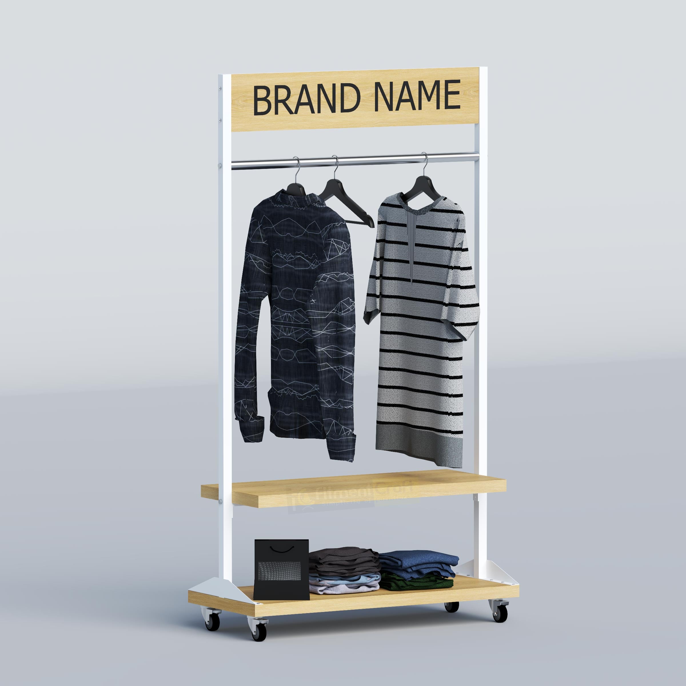 Custom retail display rack with logo header, clothing rail and lower shelves for fashion showrooms in Bangladesh.