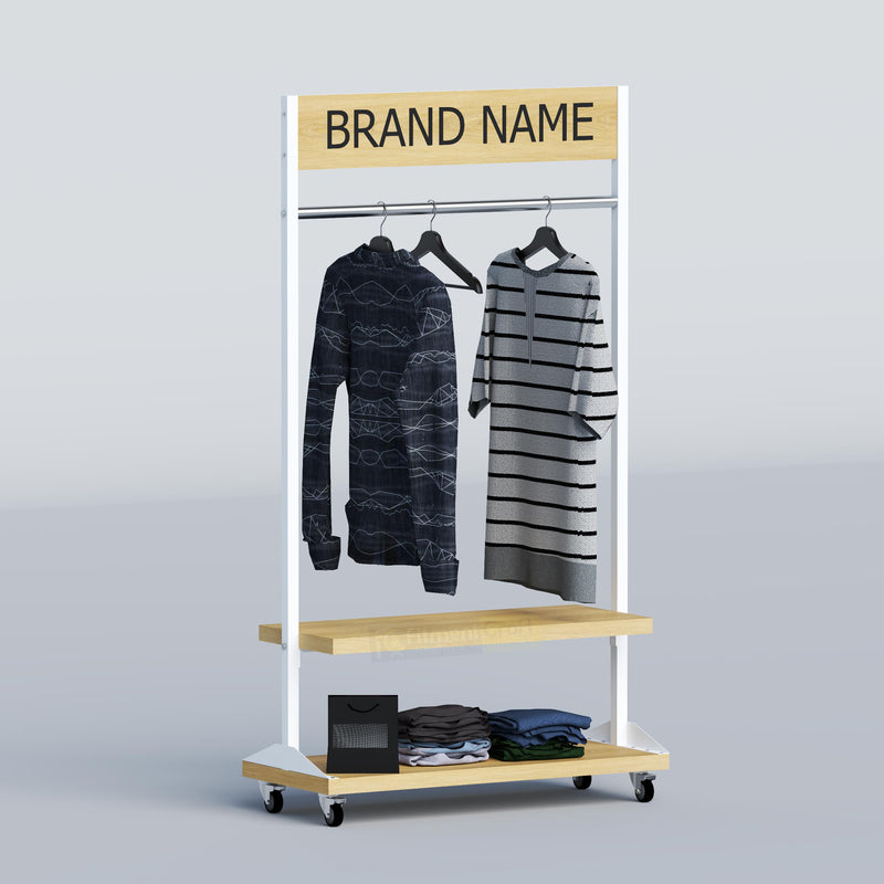 Custom retail display rack with logo header, clothing rail and lower shelves for fashion showrooms in Bangladesh.