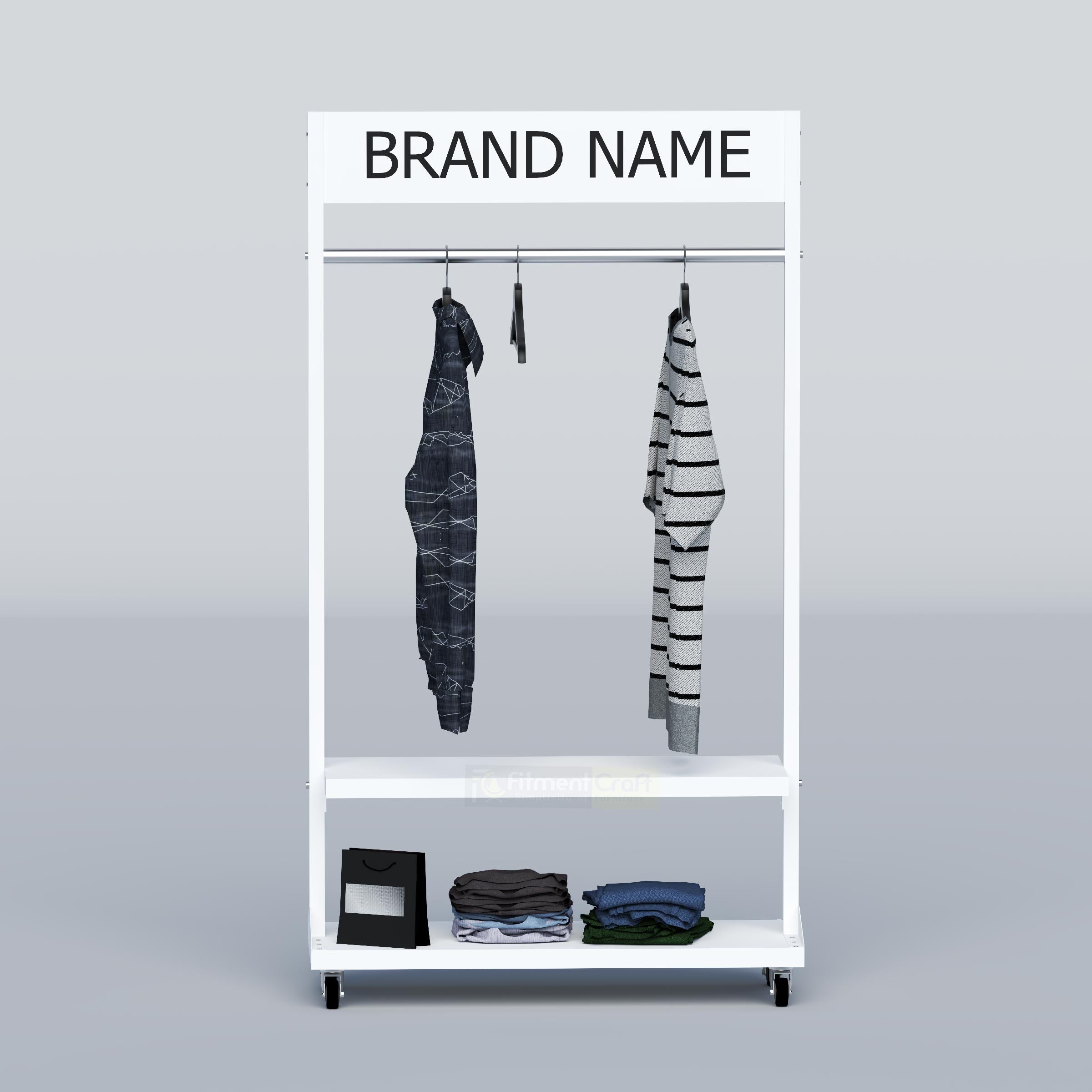 Modern garment display stand with white steel frame, stainless hanging tube and shelves for folded clothing items.