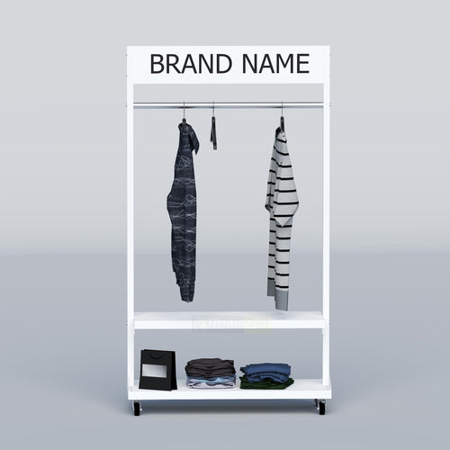 Modern garment display stand with white steel frame, stainless hanging tube and shelves for folded clothing items.