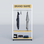 Buy a Compact Retail Stand in Bangladesh with mobile wheels, clothing rail, storage shelves and custom brand panel.
