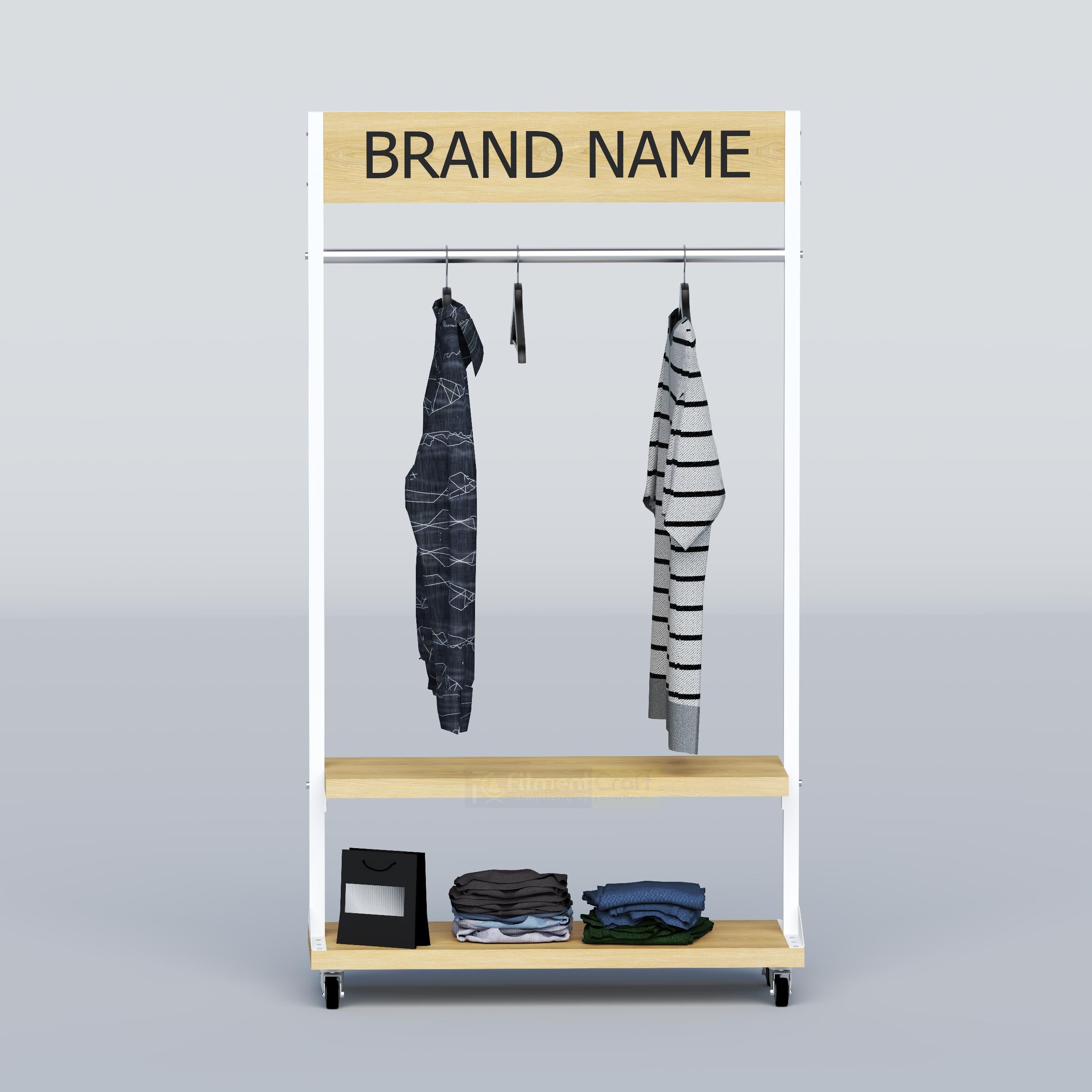 Buy a Compact Retail Stand in Bangladesh with mobile wheels, clothing rail, storage shelves and custom brand panel.