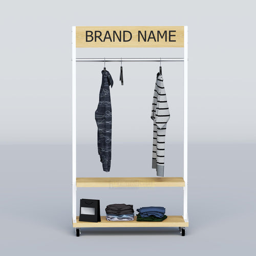 Buy a Compact Retail Stand in Bangladesh with mobile wheels, clothing rail, storage shelves and custom brand panel.