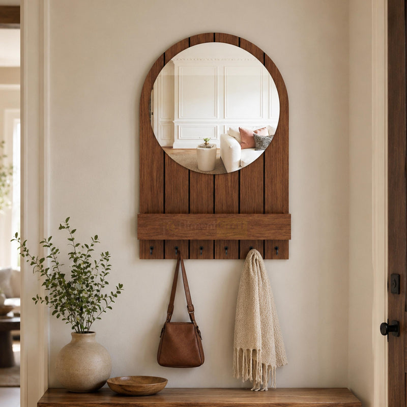 Stylish Creso Wall Hanging Mirror with shelf and hooks for bedroom, hallway, and entryway decor in Bangladesh homes now.