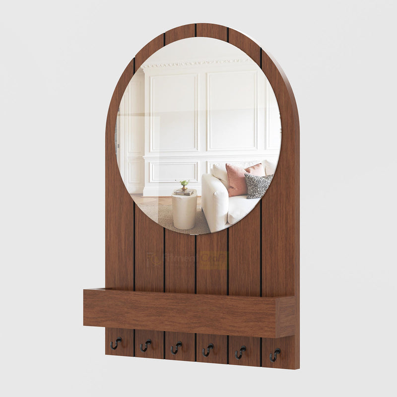 Creso Wall Hanging Mirror with round mirror, shelf, and hooks for modern bedroom and entryway decor in Bangladesh today.