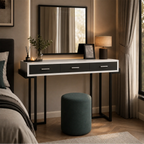 Modern Crystal dressing table with mirror and teal stool in a premium bedroom interior