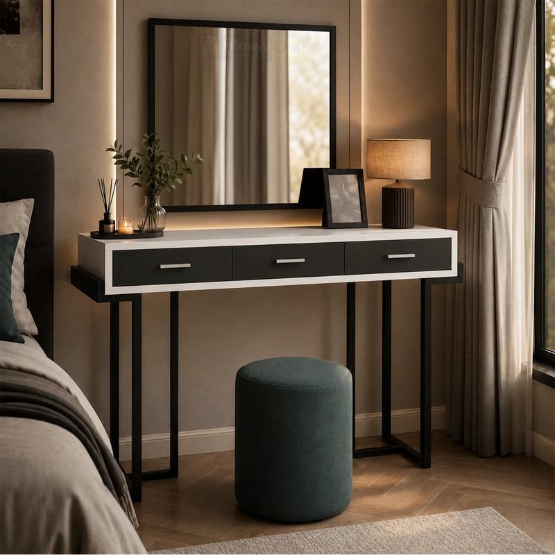 Modern Crystal dressing table with mirror and teal stool in a premium bedroom interior