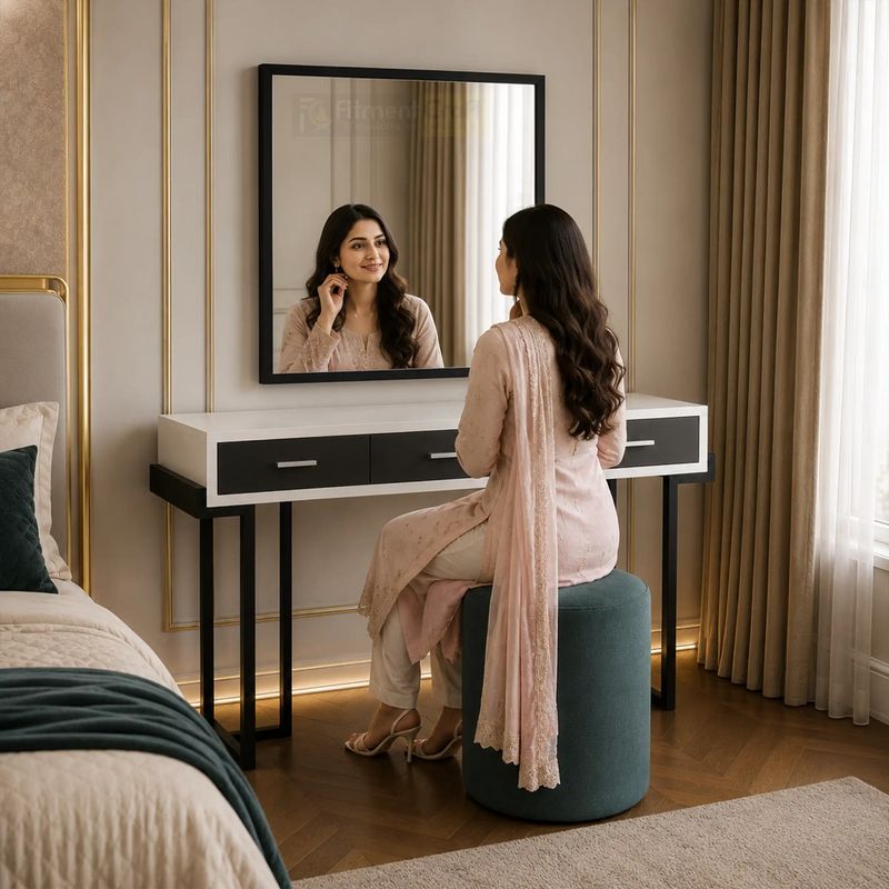 Bangladeshi woman using Crystal dressing table with mirror and teal stool in a luxury bedroom